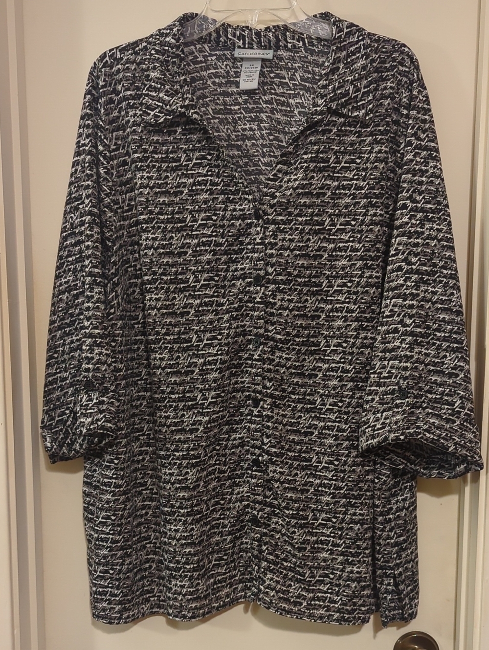 Catherines Black and White Script-Print Open Front Blouse